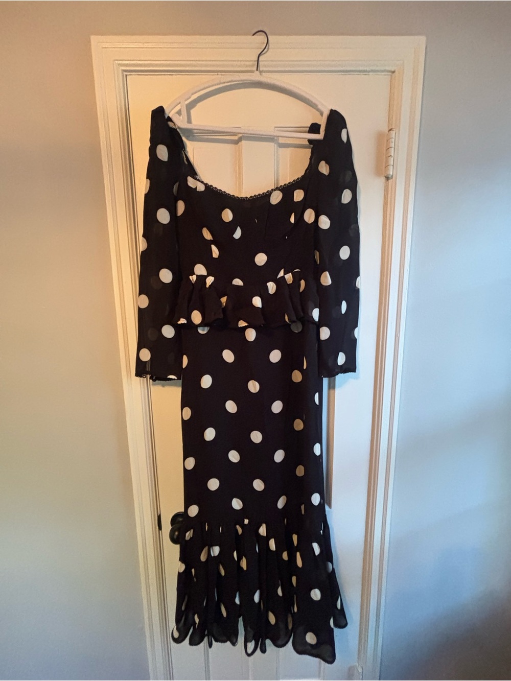 Reformation Black and White Polka Dot Long-Sleeve Peplum Midi Dress - “Zandra”